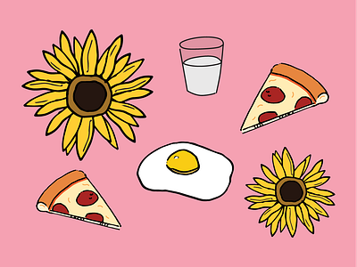 These Are A Few Of Our Favourite Things egg favourite flower illustration milk pink pizza sunflower