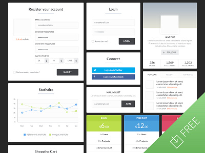 Blocky UI Kit blocks calendar flat form free freebie graph header login minimal ui