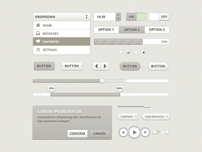 Beige Web Element - FREE download bar button download dropdown free freebie hover off on option player progress retro subtle switch texture tooltip ui vintage