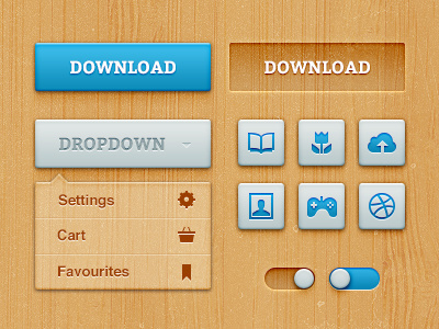 Bold Woody UI [Free .psd] a active button dropdown free freebie hover set switch texture ui wood wooden