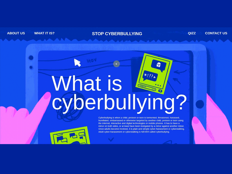 Cyber bullying website design animated gif animation blue branding color cyberbullying cybersecurity design graphic illustration landing page safety typography ui ux web web design webdesign website website design