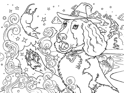 Abbette’s Spell art coloring book dog halloween illustration ink spaniel witch