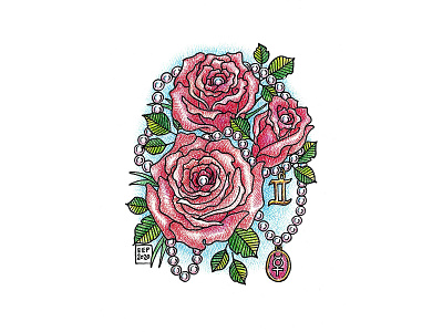 Gemini Roses Pearls final dribbble astrology birthflower gemini illustration ink june pencil tattoo