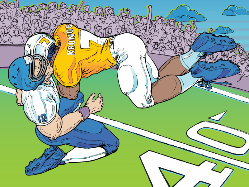Mugs Stump Feature Illo for Climbing Magazine October 2018 digitalcolor handinked illustration action figure football