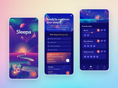 Sleepa - Sleep Sounds Redesign animated app character illustration dark design mobile mobile ui sketch sleep sounds