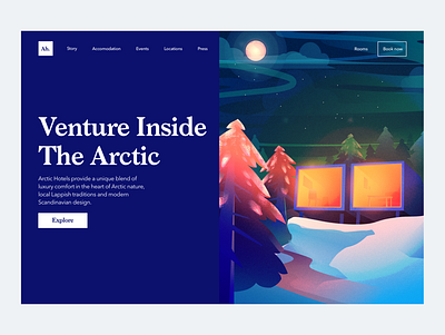 Arctic Hotel Landing arctic blue design hotel illustration nature trees ui ui design vector web web design