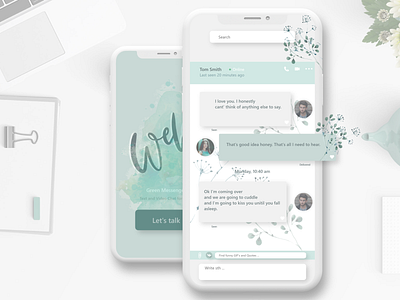 Messenger adobexd app daily dailyui 013 design direct message flowers illustrator iphone message message app messenger messenger app mint mockups pastel search talk ui watercolor