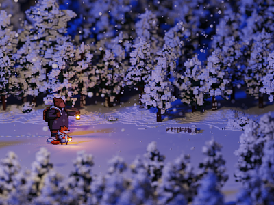 The frozen forest 3d concept art isometric lowpoly magicavoxel pixel art snow voxel voxel art