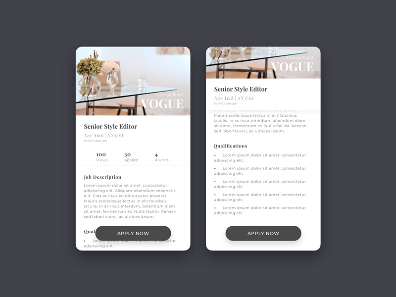 DailyUI 050 - Job Listing graphic design creative mobile app ux design interface design ux ui ui design vogue job posting job listing jobs job board job dailyui challenge dailyui 050 dailyui 050