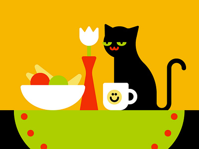 Still Life cat coffee composition cute flat fruit happy illustration kawaii kitty smile still life table vector