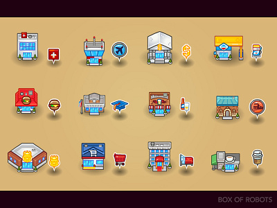 Locations and Pins box of robots game game art illustration locations pins sprites trevor van meter tvm ui vector