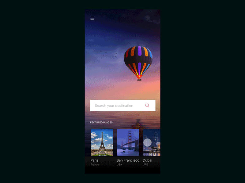 InVision Studio - Travel animation destinations interaction invision invision studio iphonex journey mobile app prototype swipe travel travel app