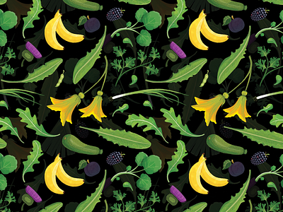 Fruits and Vegetables Pattern arugula banana blackberry conscious cooking food fruit illustration nature pattern pumkin flower spring onion textile vegan vegetables vegetarian watercress zucchini