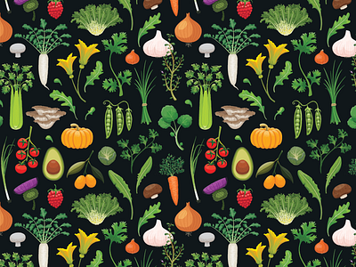 Fruits and Vegetable Pattern avocado beans carrot conscious cooking daikon food fruit garlic kitchen mushrooms nature onion pattern textile tomato vegan vegetables vegetarian