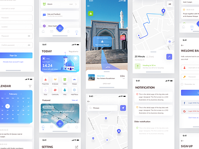 Muslim Mobile App - All Screen app ar augmented reality calendar design illustration login masjid mobile mosque muslim muslim pro navigation notification place prayer profile schedule setting time