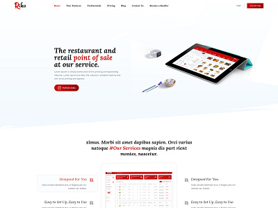 Retail & Resturant Point of Sale Landing Page PSD Template features graph landing laptop orange payments plans point of sale pos pricing tablet testimonials web