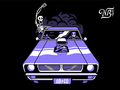 Highway to Hal's beer black and white branding car cartoon character design drawing illustration illustrator label muscle car purple skeleton