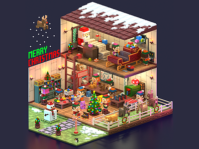 Merry Christmas! Santa's Workshop 3d christmas illustration magicavoxel santa voxelart