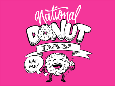 National Donut Day cartoon illustration kuretake lettering pink