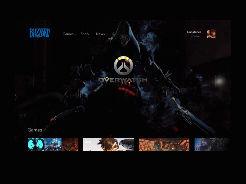Blizzard.com redesign adobe after effects animation battle.net blizzard design dribbble hearthstone motion motion design overwatch redesign ui video games wow xd