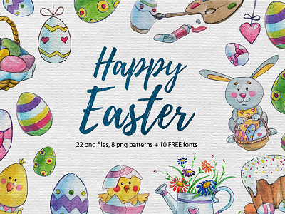 Happy Easter watercolor clip-art banners bunny chicken clip art easter egg flower invitations paint postcards posters watercolor