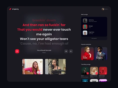 SingSong Karaoke App album app call camera clean dark karaoke music simple sing song ui web webcam