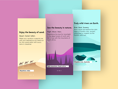 Onboarding UI - Places app design designer flat forest graphic icon illustration mountains onboarding ui river sand dunes typography ui uidesign ux vector