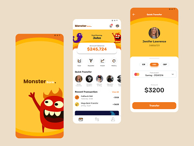 Monster Bank Mobile App Design app app design bank colorful design millennials monster orange teenage ui uiux