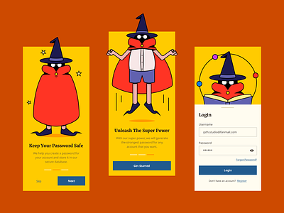 Wizard Mobile App Onboarding Design app app design colorful design graphic design illustration line art onboarding orange password power ui uiux witch wizard
