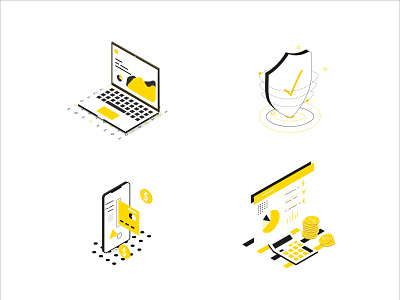 Fintech isometric illustrations illustration isometric isometric calculator isometric finance isometric mobile isometric shield yellow isometric