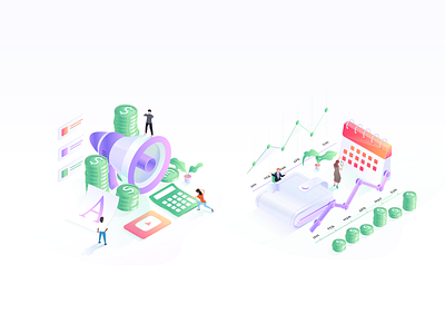 Isometric Illustrations for revenue based fintech #3 isometric calculator isometric coins isometric marketing isometric range