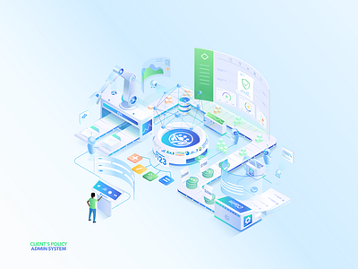 Client's Policy Admin System isometric illustration for Benekiva isometric isometric automation isometric claim isometric coins isometric conveyor isometric dashboard isometric illustration isometric insurance isometric people isometric saas isometric ui
