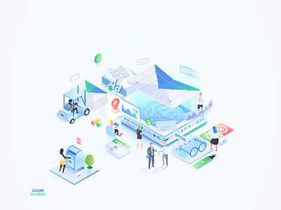 Claim via Mail isometric illustration for Benekiva forklift isometric claim isometric client isometric dashboard isometric illustration isometric letterbox isometric people isometric saas isometric workers loader isometric postage stamp