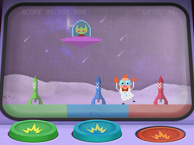 Professor Nibble in space alien app arcade dance game illustration ipad iphone missile retro rocket space