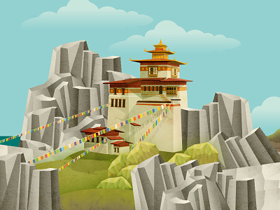 Tibetan monastery illustration app green illustration landmark mobile monk mountain rocks sky texture tibet vector