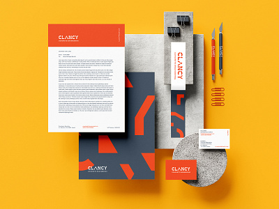 CLANCY — Stationery brand branding colour concrete design engineering identity logo orange stationery vector