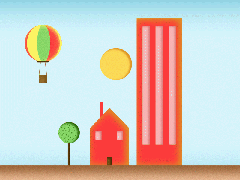 HOUSE FAKE 3D 2d animation animation artwork balloon bruit building colors design design graphic gif grain house illustration illustrator motion design rotation sky sun tree vector