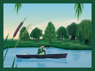 Gone fishing... NaBu - Blue Ribbon Detail 2d after effects animation boat calm waters fishing illustration landscape parallax river shape layers trees waves