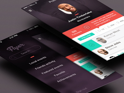 The Flyer app - Profile and Sidebars dakr flyer ios7 iphone light mobile purple red sidebar ui ux