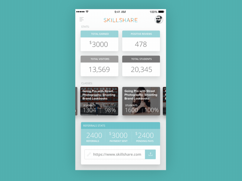 Skillshare Teacher Stats App ae analytics animation dashboard graph interaction sales skillshare stats ui ux