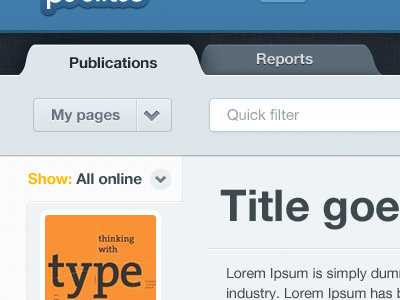 Dashboard blue dashboard filter grey light orange publication search tabs
