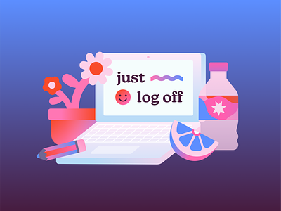 just log off dude brand identity character design desk flat gradient illustration laptop office quirky spot illustration typography vector waterbottle