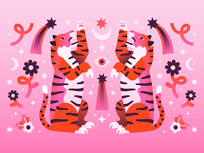 Celestial Tigers animals brand identity character design cute floral gradient illustration pattern design spot illustration tech company tiger vector