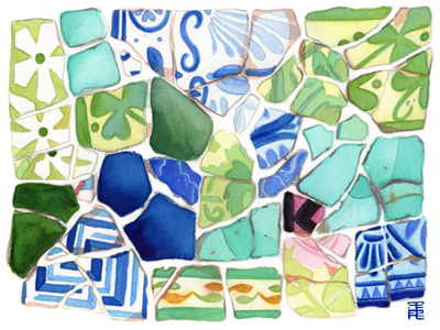 Trencadís Helios art nouveau art print barcelona broken tiles catalan modernism ceramics gaudi kitchen art mediterranean modernisme parc güell porcelain pottery tiles watercolor watercolour