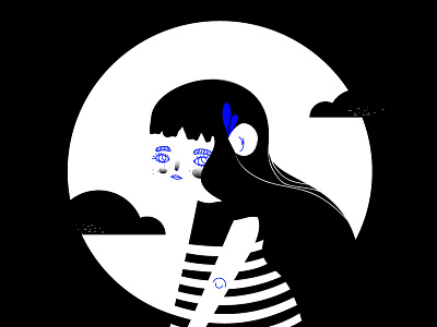 Moon girl 2d art black blue character design drawing flat girl graphic illustration vector