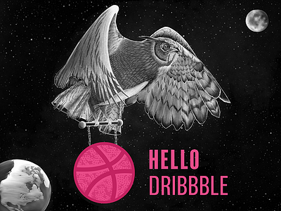 Hello Dribbble! black and white debut illustration owl space space ship surrealism
