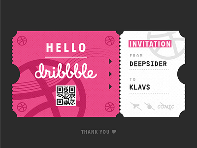 Hello Dribbble! debut invitation pink qrcode ticket