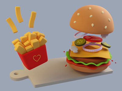 Burger 3d 3dart 3dartist 3dburger 3dfood 3dicon 3dillustration 3dobject 3dpotato blender burger burgerking illustration mcdolands