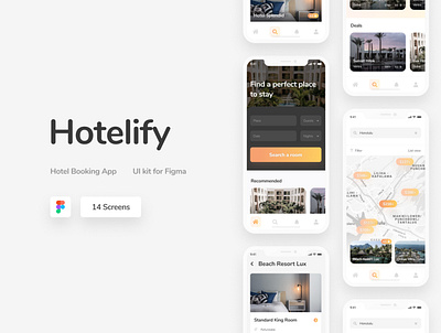 Hotelify - Free iOS mobile kit for Figma figma freebie hotel app hotel booking hotels minimal mobile mobile app orange ui ui kit ui kits