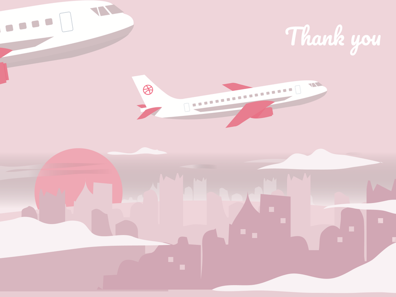 Thank you for the invitation drafted illustration travel sun clouds sky invitation city buildings plane dribbble thank you